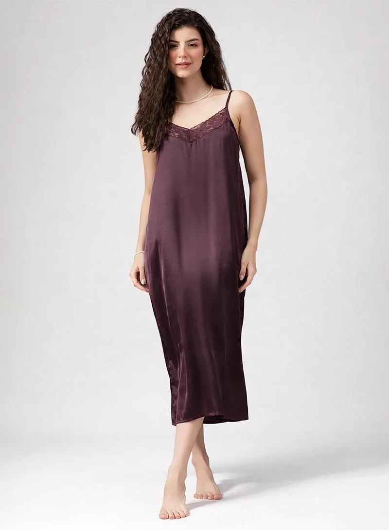 Clovia Purple Long Nighty & Robe Set in Wine Colour - Satin for Women | Best Price UAE